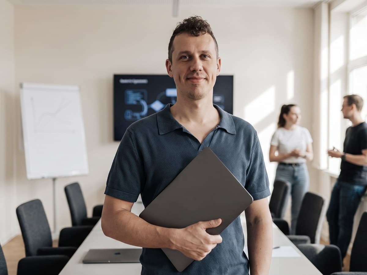 Benjamin Bosmans met laptop vooraan in een workshopruimte